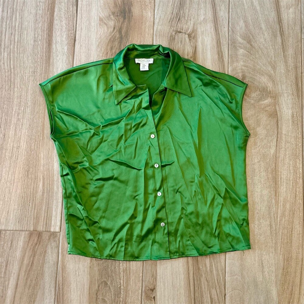 Rachel Zoe Blouse Womens M Green Satin Sleeveless Button-Front Collared